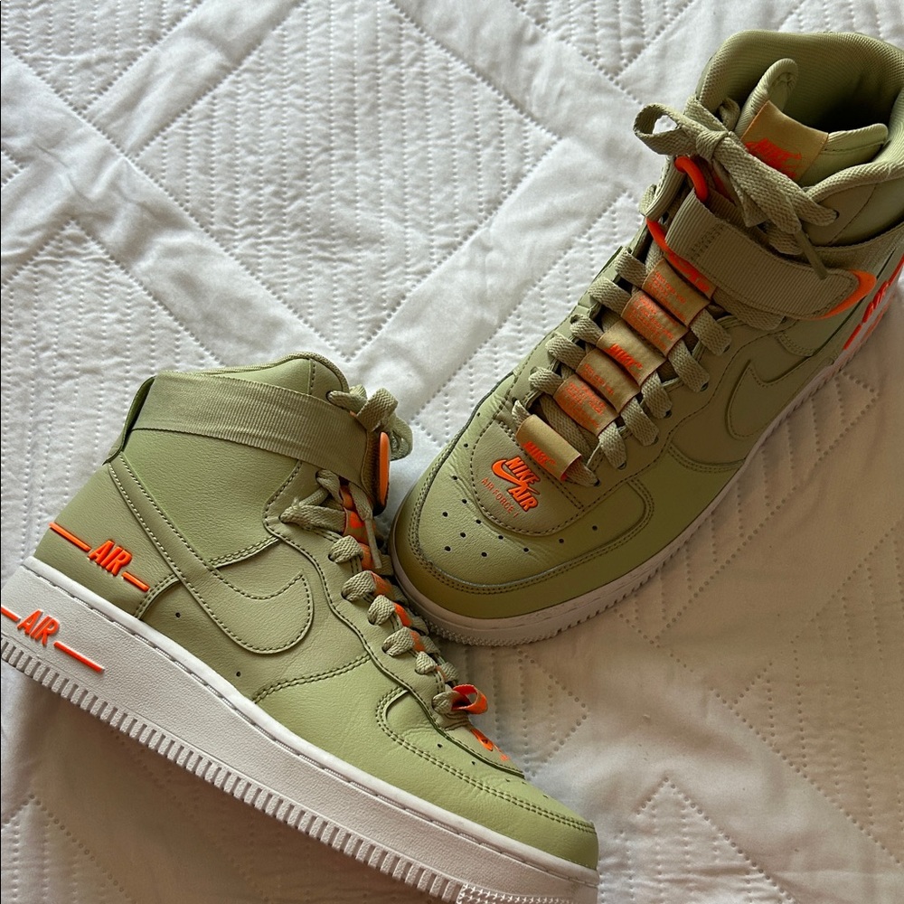 Nike Air Force One olive aura High-Top Sneakers in Green and Orange. basketball - Picture 11 of 15